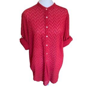 Lauren Ralph Lauren Red Cotton Eyelet Collarless Blouse Long Sleeve Shirt, 2X